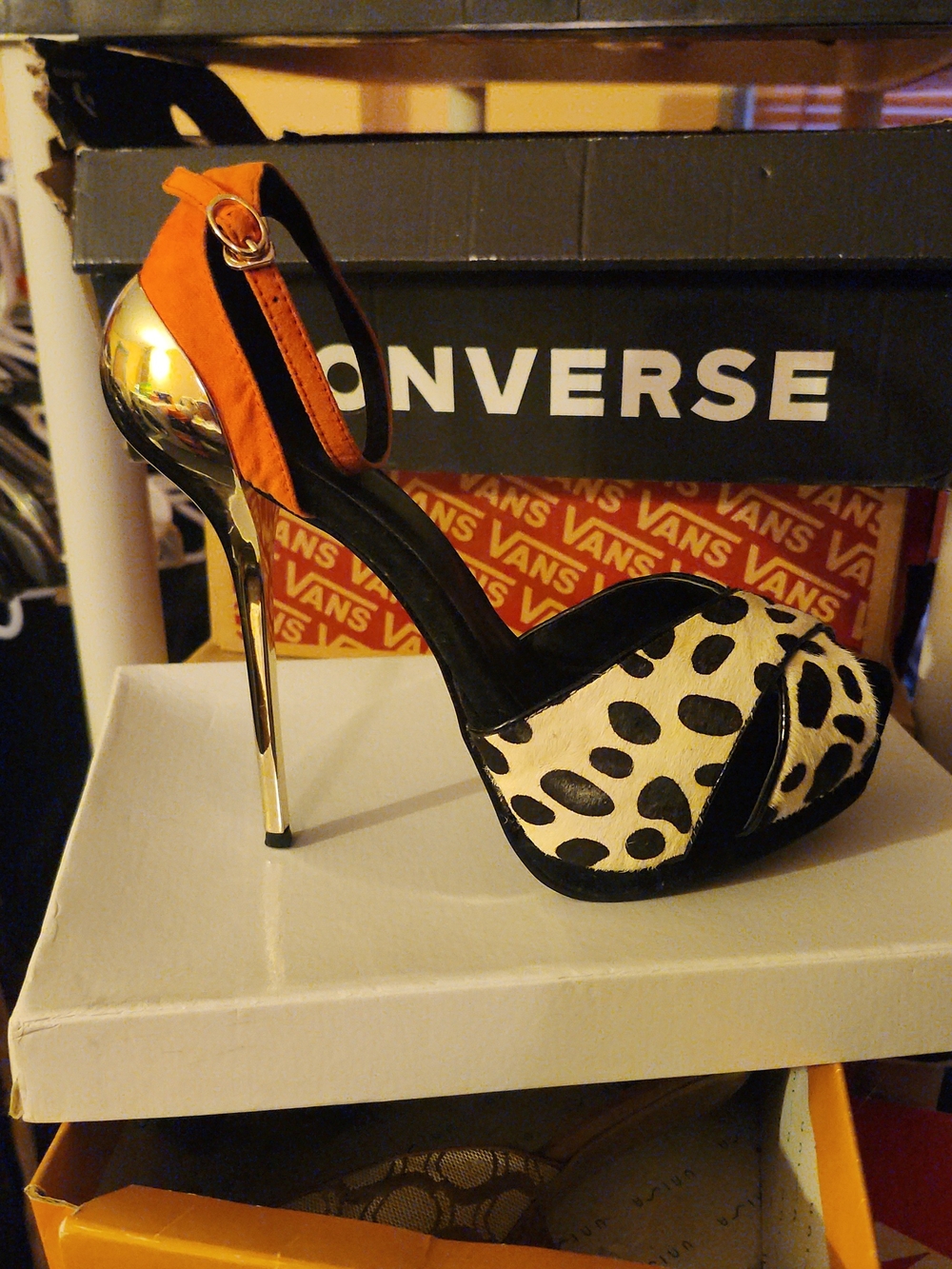 Leopard-Print Platform Heel with Gold Stiletto and Orange Ankle Strap